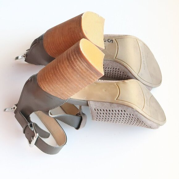 Marc Fisher Taupe Laser-cut Suede Leather Peep Toe Block Heel Ankle Strap Sandal - Picture 14 of 16